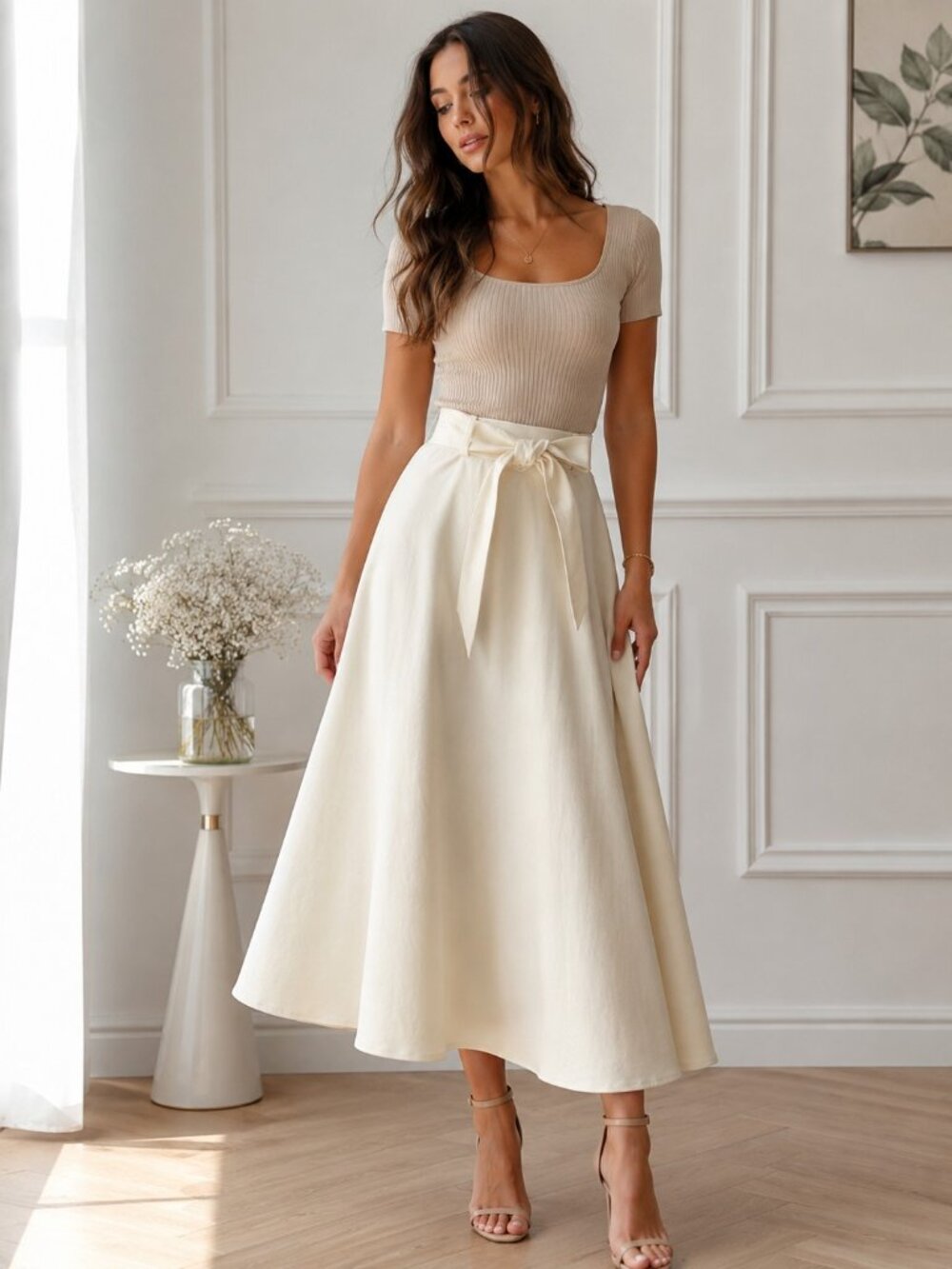 DKNY Aero Crepe Belted Midi Skirt